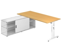 Hammerbacher Auflage-Schreibtisch Serie OSE19 T-Fuß (BxT) 180x80cm Auflage auf Sideboard 1758S Weiß/Silber