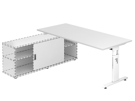 Hammerbacher Auflage-Schreibtisch Serie OSE19 T-Fuß (BxT) 180x80cm Auflage auf Sideboard 1758S Weiß/Silber