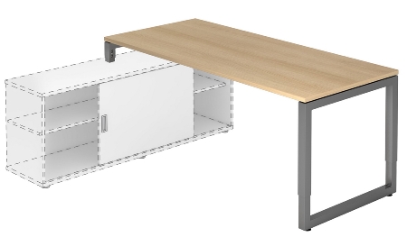 Hammerbacher Auflage-Schreibtisch Serie RSE O-Fuß eckig (BxT) 160x80cm auf Sideboard 1758S Eiche/Graphit