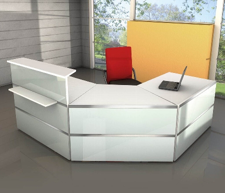Kerkmann Empfangstheke Atlantis 1 (BxT) 2450x2450mm - 1x 3289, 1x 3395, 1x 3396, 2x 3399 Weiß/Glas