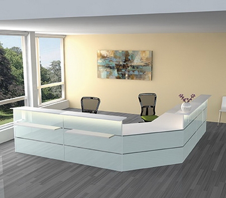 Kerkmann Empfangstheke Atlantis 1 (BxT) 3800x2550mm - 1x 3456, 2x 3289, 1x 3396, 2x 3399 Weiß/Glas