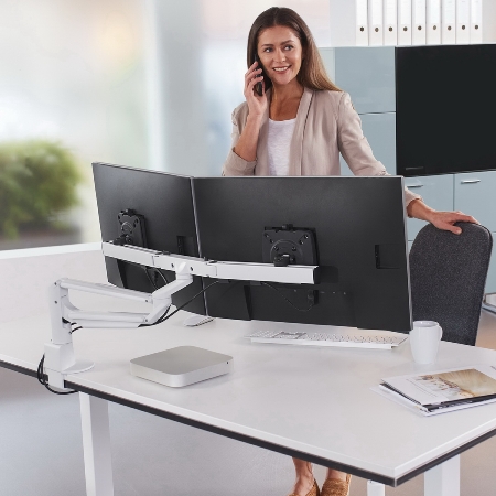 Novus 992+2019 Monitortragarm Clu Plus X2 C mit Tischbefestigung 3-in-1 Traglast 2x 2,5-7 kg Silber